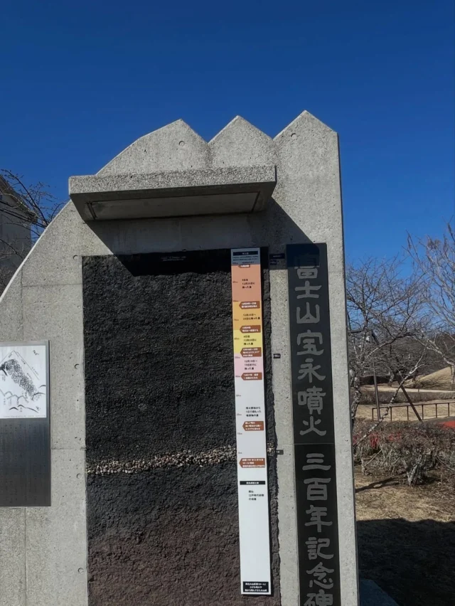 桜公園からお知らせします。
　遊具広場の側にある「富士山宝永噴火三百年記念碑」の修繕が完了しました。
　宝永四年、1707年に噴火から、300年後の2007年に建立されました。
　その時の地層の標本の複製が、掲示されています。

#御殿場市桜公園
#富士山
#mtfuji
