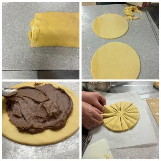 手作りパン教室〜ペーシックコース〜の画像です♪
今月のメニューは…
チョコデニッシュと新緑のケーキでした！
バターを織り込んだデニッシュ生地にチョコカスタードを挟んで可愛く成形。
自分でひとつを完成させるのでよく見ると少しずつ形が違います。
みんなで並べて撮影タイム♪
新緑のケーキはフワフワの卵白に抹茶を混ぜて焼きました。
チョコデニッシュに挟んだカスタードも手作りです。
カスタードには卵黄のみ使用するため、卵白が余るのでケーキに利用しています。
そのケーキもバターを使わないのでコクを出すために秘密の材料を追加。
デニッシュも型抜きした端の生地を細かくしてスパイスとチーズをかけて味変。
ムダなく美味しくできました！

月に1回、楽しくパンを焼いています♪
みなさんも参加してみませんか？

#手づくりパン教室 #カルチャースクール #御殿場市民会館 #gnews3776 #micri